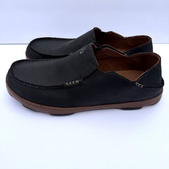 OluKai Moloa Black Leather Loafers Slip Ons mens 12 Excellent Condition main image 6